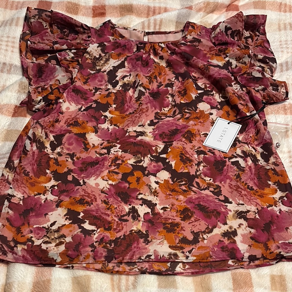 1. State Short Ruffle  Sleeve Flowery  Blouse